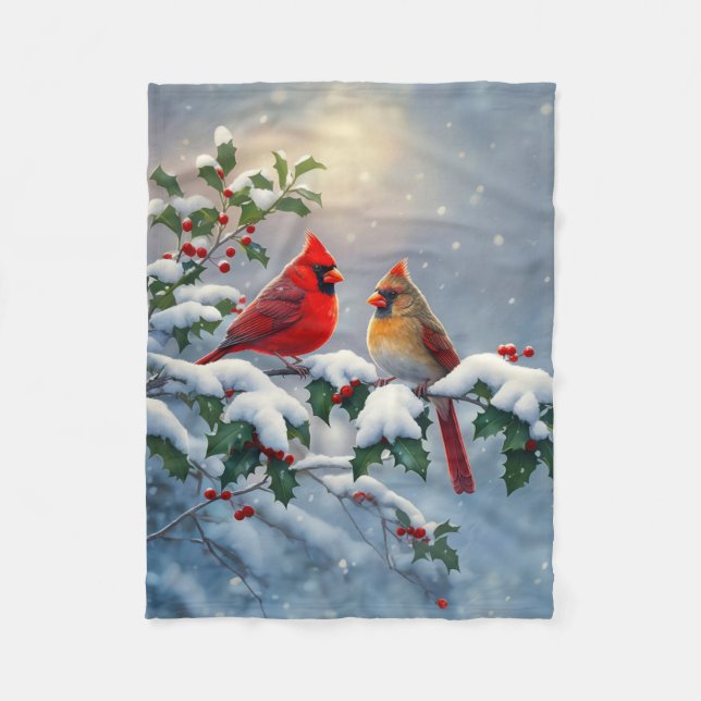 Rote Kardinäle und Holly in Snow Fleecedecke (Vorderseite)