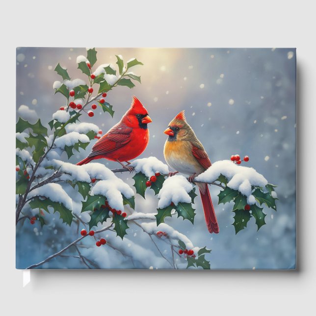 Rote Kardinäle und Holly in Snow Gästebuch (Vorderseite)