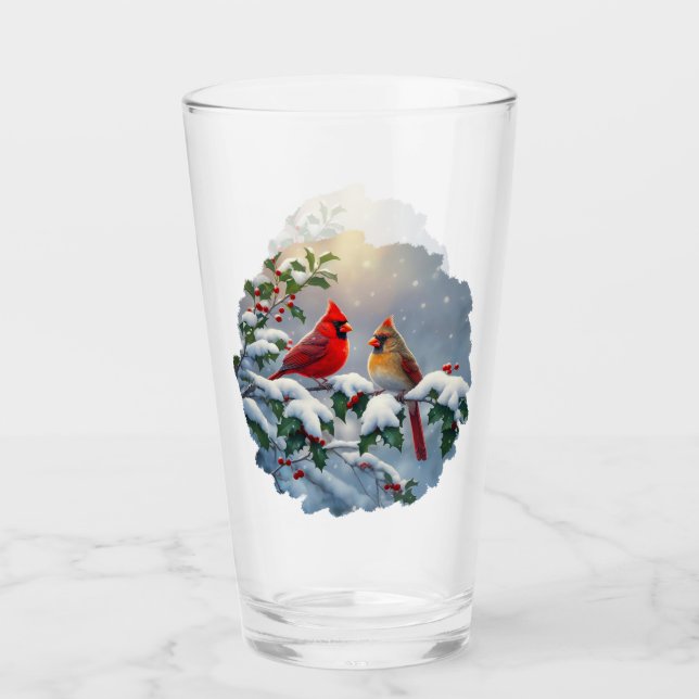Rote Kardinäle und Holly in Snow Glas (Vorderseite)