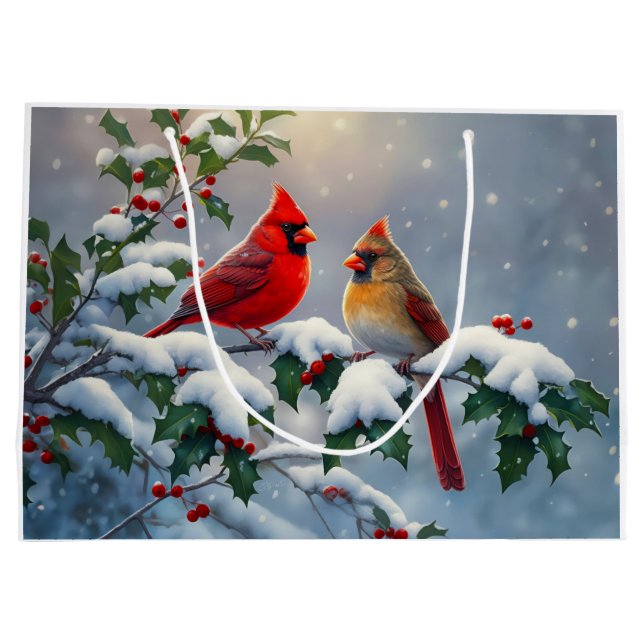 Rote Kardinäle und Holly in Snow Große Geschenktüte (Rückseite)