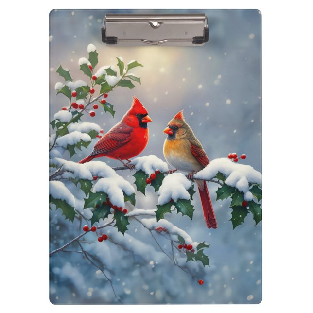 Rote Kardinäle und Holly in Snow Klemmbrett (Vorderseite)