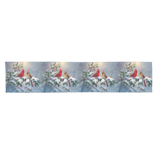 Rote Kardinäle und Holly in Snow Kurzer Tischläufer (Horizontal)