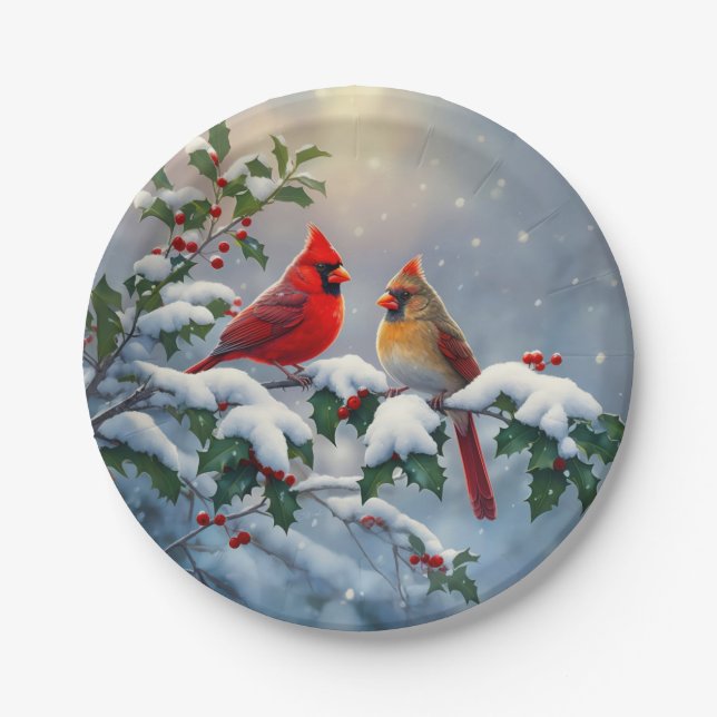 Rote Kardinäle und Holly in Snow Pappteller (Vorderseite)