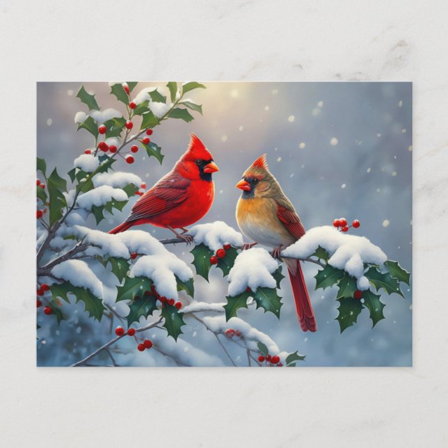 Rote Kardinäle und Holly in Snow Postkarte (Vorderseite)