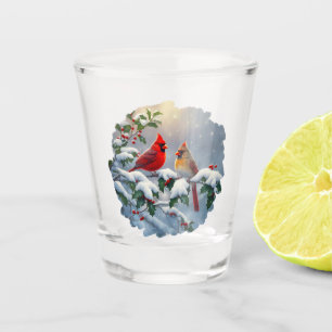 Rote Kardinäle und Holly in Snow Schnapsglas