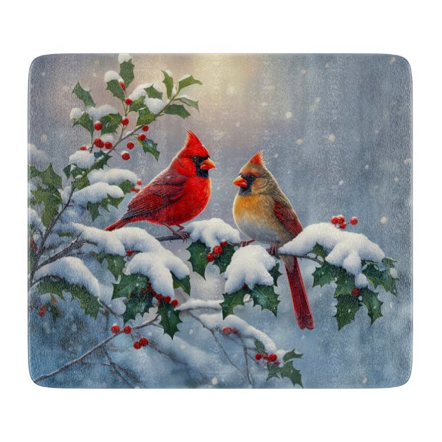 Rote Kardinäle und Holly in Snow Schneidebrett (Vorderseite)