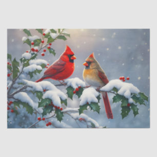 Rote Kardinäle und Holly in Snow Seidenpapier