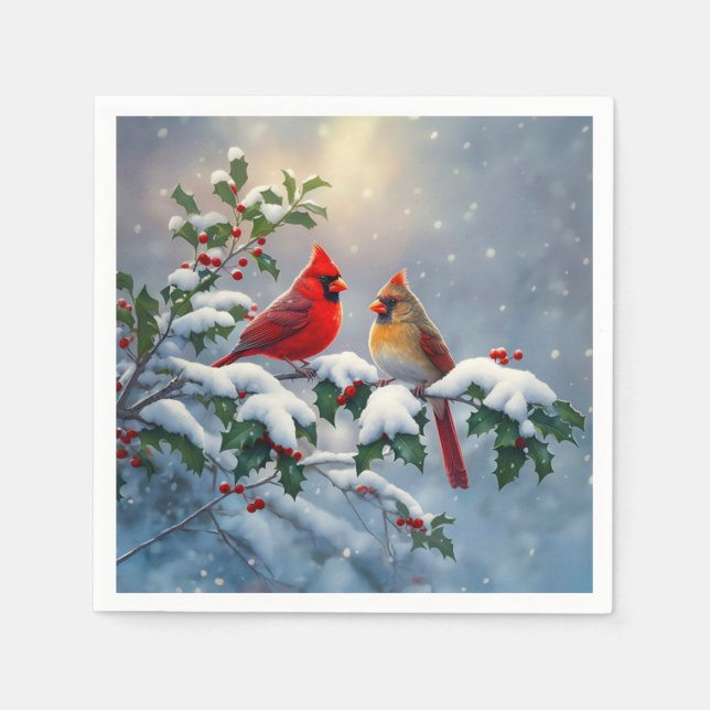 Rote Kardinäle und Holly in Snow Serviette (Vorderseite)