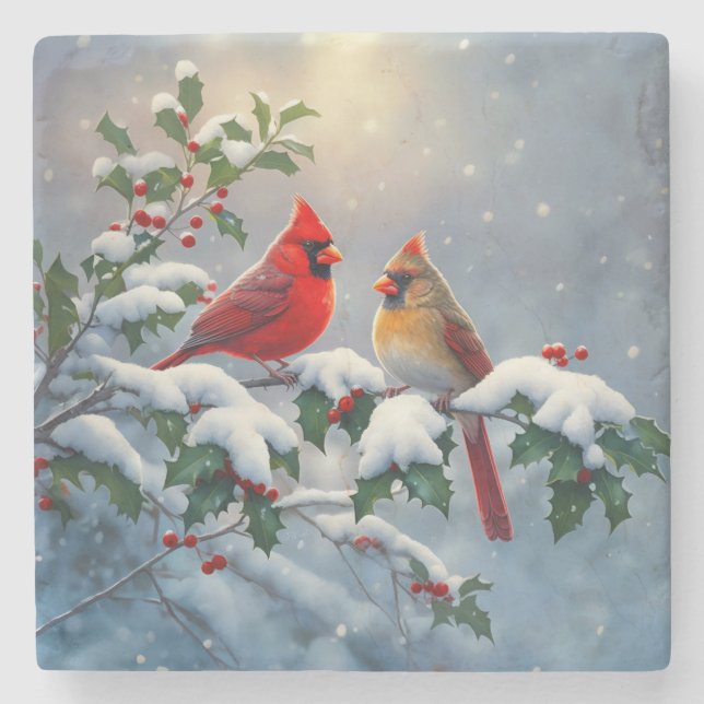 Rote Kardinäle und Holly in Snow Steinuntersetzer (Vorderseite)