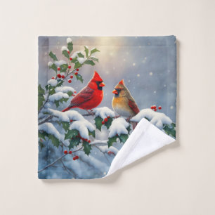 Rote Kardinäle und Holly in Snow Waschlappen