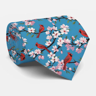 Rote Kardinäle und rosa Kirschblüten Blau Krawatte