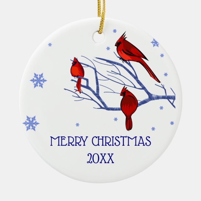 Rote Kardinäle | Weihnachtsjahr Keramikornament (Vorne)