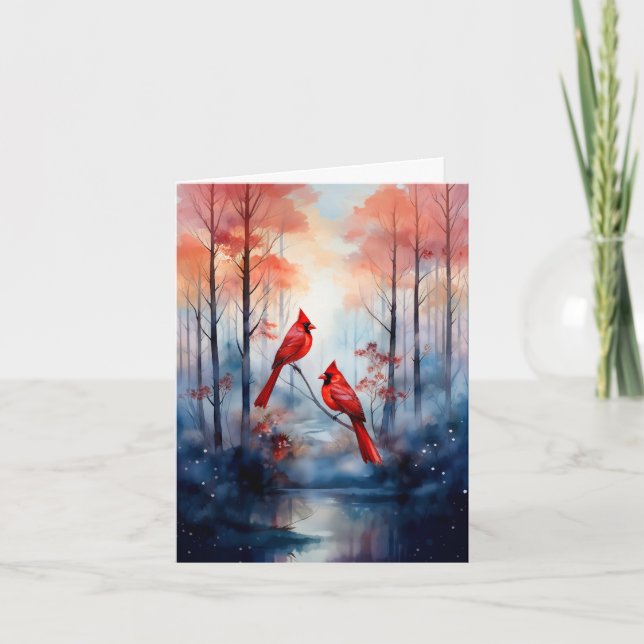 Rote Kardinalvögel in einem nebligen Wald (Vorderseite)