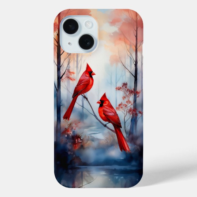 Rote Kardinalvögel in einem nebligen Wald Case-Mate iPhone Hülle (Rückseite)