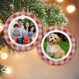 Rote Karierte Familie Weihnachten 2 Fotos Ornament