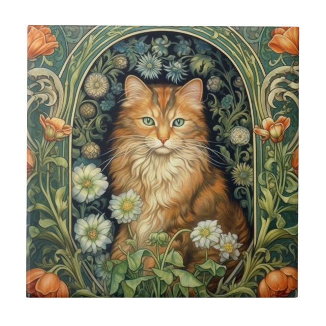 Rote Katze im Garten Art Nouveau  Fliese (Vorderseite)