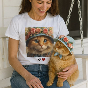 Rote Katze in blauer Mütze mit Blumen  Katzenliebh T-Shirt