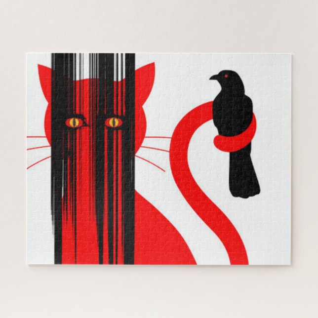 Rote Katze und schwarze Vogeldarstellung (Horizontal)