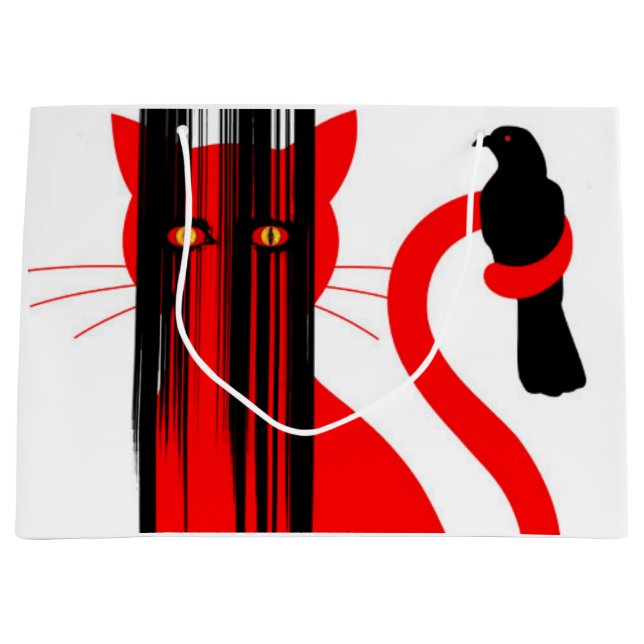 Rote Katze und schwarze Vogeldarstellung Große Geschenktüte (Vorderseite)