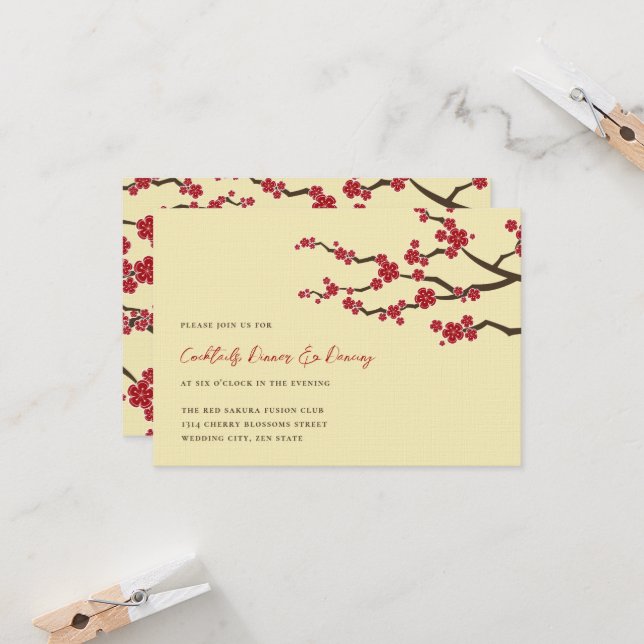 Rote Kirsche Blüten Sakura Blume Asiatische Hochze Einladung (Vorderseite/Rückseite Beispiel)