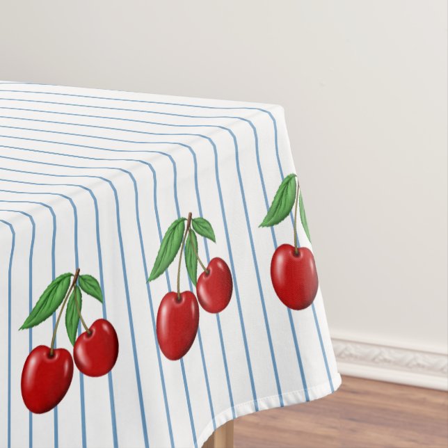 Rote Kirschen auf blauen Streifen Grafikmuster Tischdecke (Beispiel)