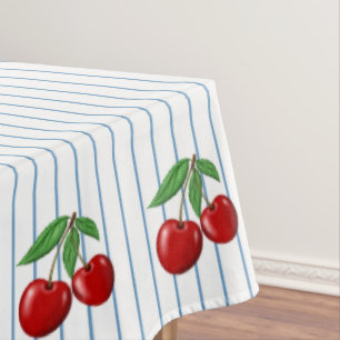 Rote Kirschen auf blauen Streifen Grafisches Muste Tischdecke