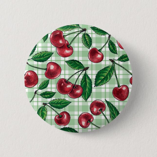 Rote Kirschen auf hellgrünem Gingham Button (Vorderseite)