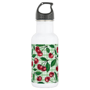 Rote Kirschen auf hellgrünem Gingham Edelstahlflasche