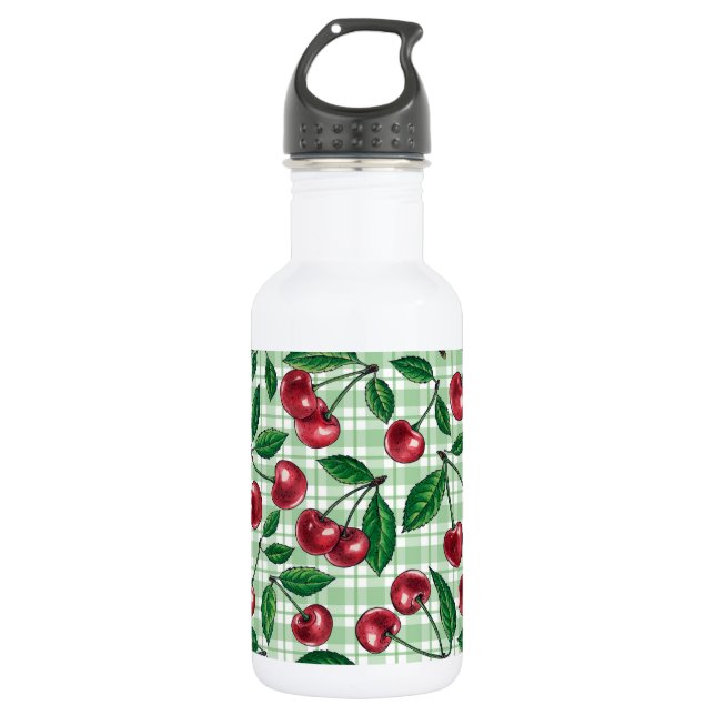Rote Kirschen auf hellgrünem Gingham Edelstahlflasche (Vorderseite)