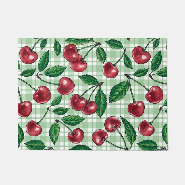 Rote Kirschen auf hellgrünem Gingham Fußmatte (Vorderseite)