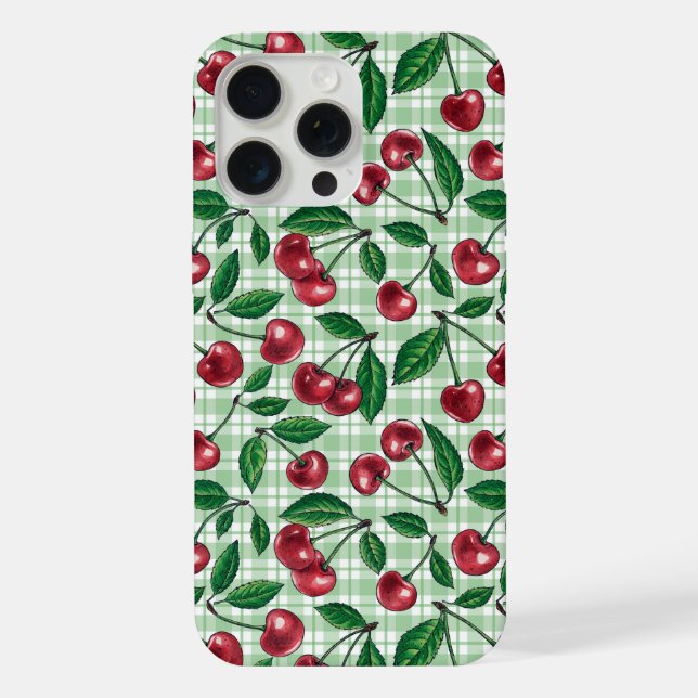 Rote Kirschen auf hellgrünem Gingham iPhone 15 Pro Max Hülle (Rückseite)