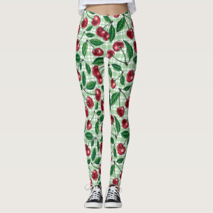 Rote Kirschen auf hellgrünem Gingham Leggings