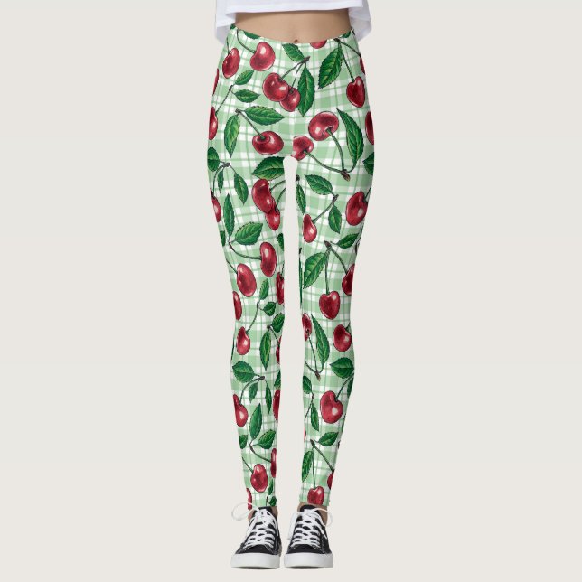 Rote Kirschen auf hellgrünem Gingham Leggings (Vorderseite)