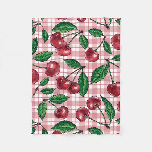 Rote Kirschen auf rosa Gingham Fleecedecke (Vorderseite)