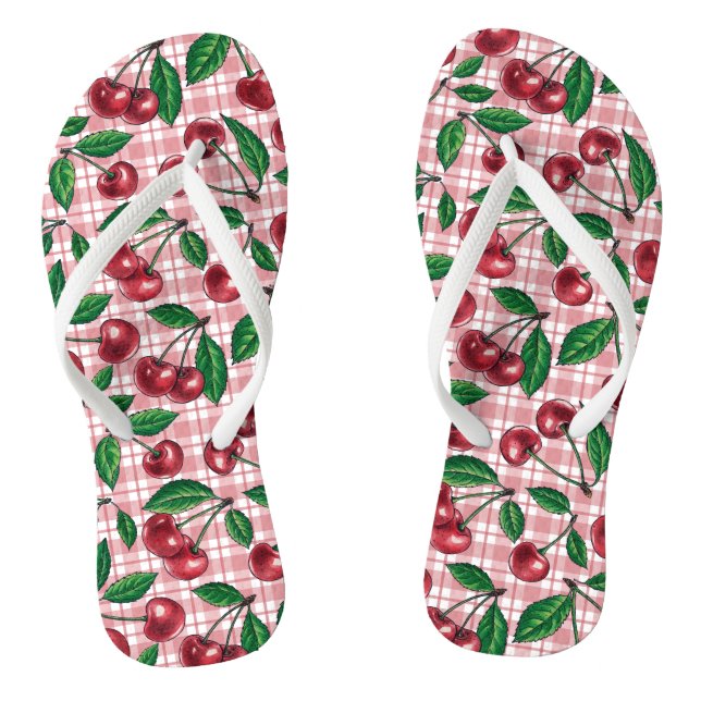 Rote Kirschen auf rosa Gingham Flip Flops (Fußbett)