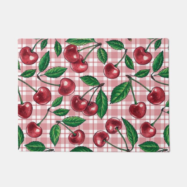 Rote Kirschen auf rosa Gingham Fußmatte (Vorderseite)