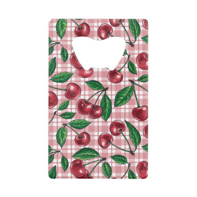 Rote Kirschen auf rosa Gingham Geldbeutel Flaschenöffner (Vorderseite)