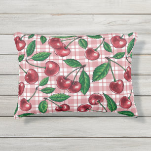 Rote Kirschen auf rosa Gingham Kissen Für Draußen