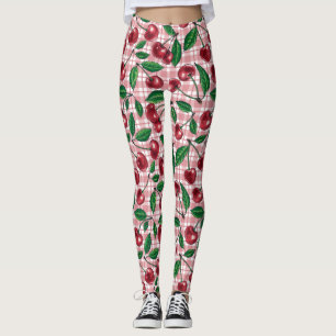 Rote Kirschen auf rosa Gingham Leggings