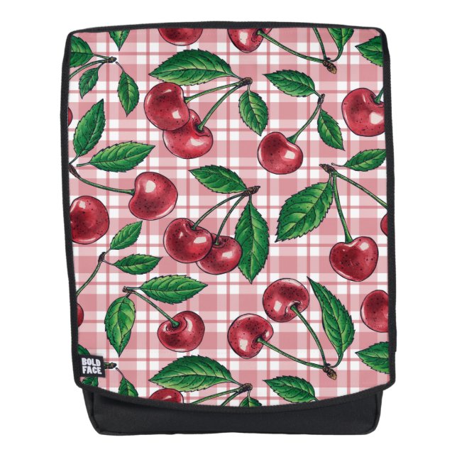 Rote Kirschen auf rosa Gingham Rucksack (Vorderseite)