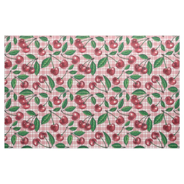 Rote Kirschen auf rosa Gingham Stoff (Fat Quarter (45,7 x 55,9 cm))