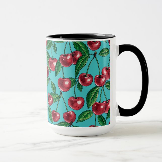 Rote Kirschen auf Türkis Tasse (Rechts)