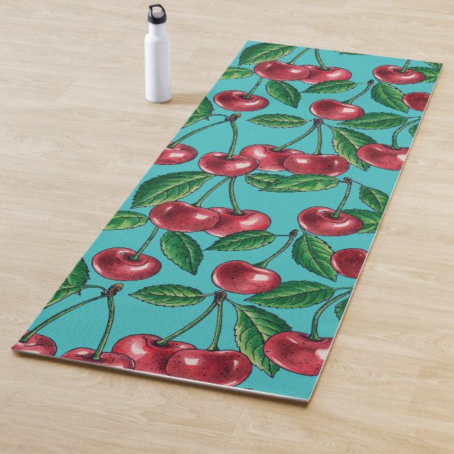Rote Kirschen auf Türkis Yogamatte (Beispiel)