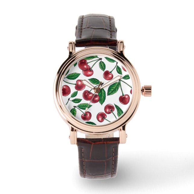 Rote Kirschen auf Weiß Armbanduhr (Vorderseite)