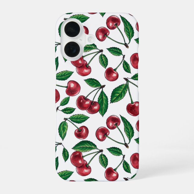 Rote Kirschen auf Weiß iPhone 16 Hülle (Rückseite)
