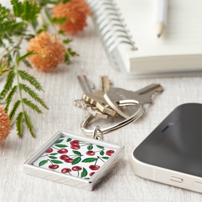 Rote Kirschen auf Weiß Schlüsselanhänger (Seite)