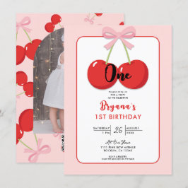 Rote Kirschen mit rosa Bow Coquette 1. Geburtstag Einladung