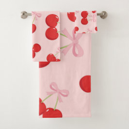 Rote Kirschen mit rosa Bow Coquette Hütte Chic Badhandtuch Set