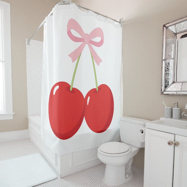 Rote Kirschen mit rosa Bow Coquette Hütte Chic Duschvorhang (Beispiel)