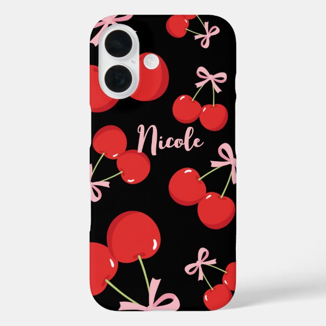 Rote Kirschen mit rosa Bow Coquette Hütte Chic iPhone 16 Hülle (Rückseite)